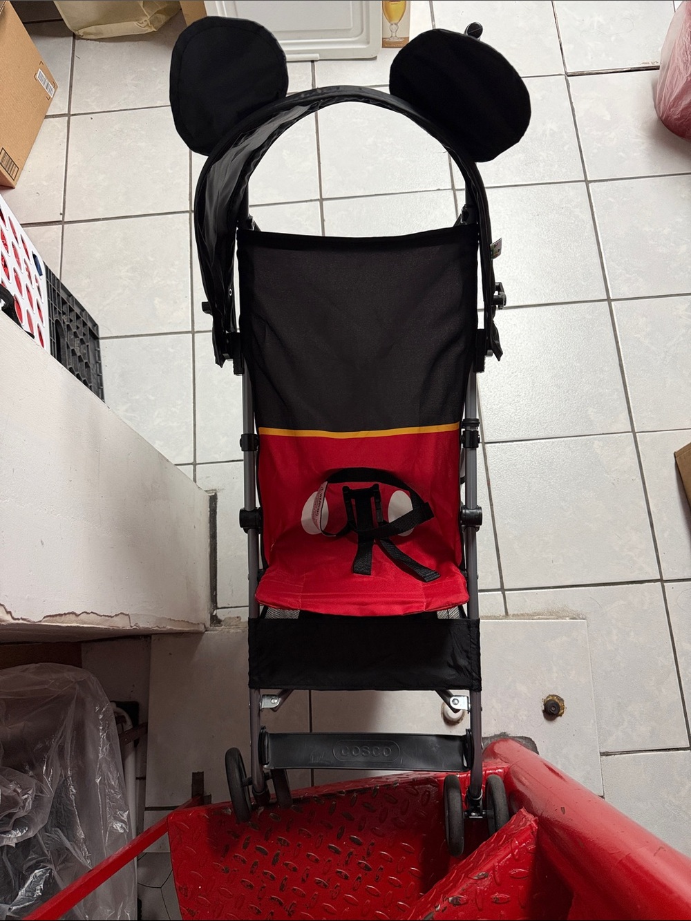 Kids Black and Red Mickey Ear Canopy Stroller great for travel